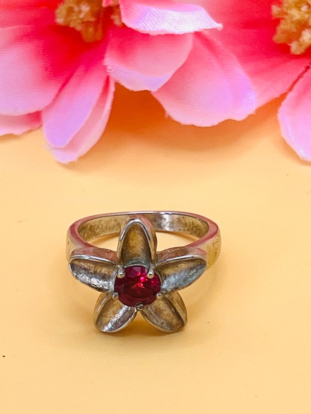 Silver Flower Ring with Red Gemstone